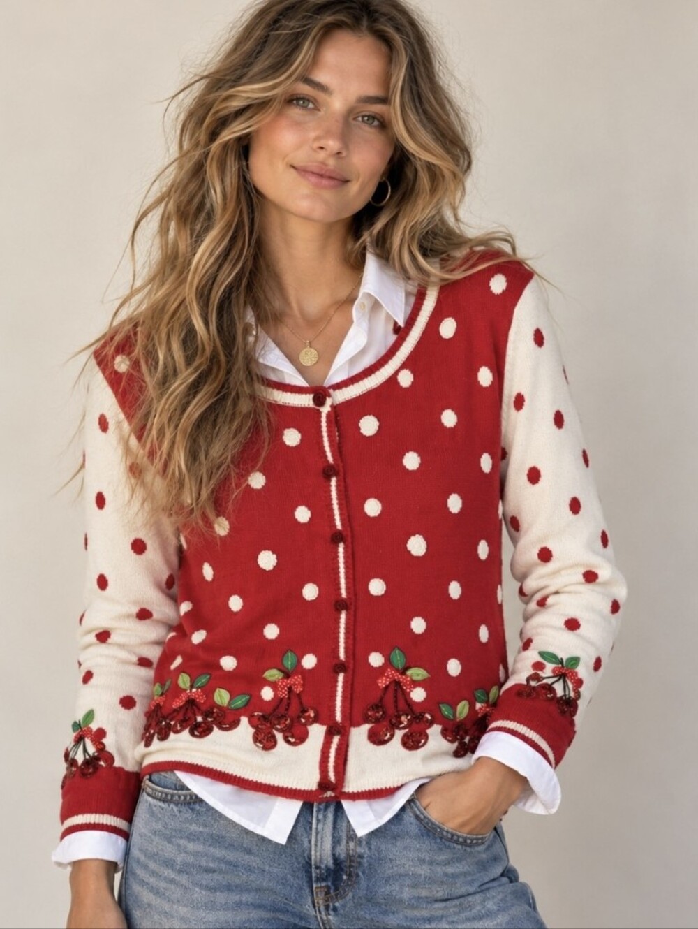 Vtg Berek Cherry Red Cardigan Sequins 3D Embroidery Beaded Buttons Size L
